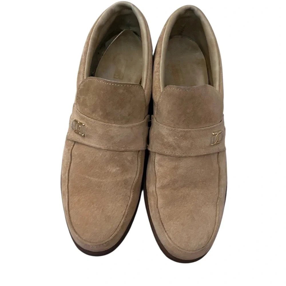 Vintage 70s 80s Montgomery Ward Suede Loafer Dress Shoes Gold Hardware Taupe 9D